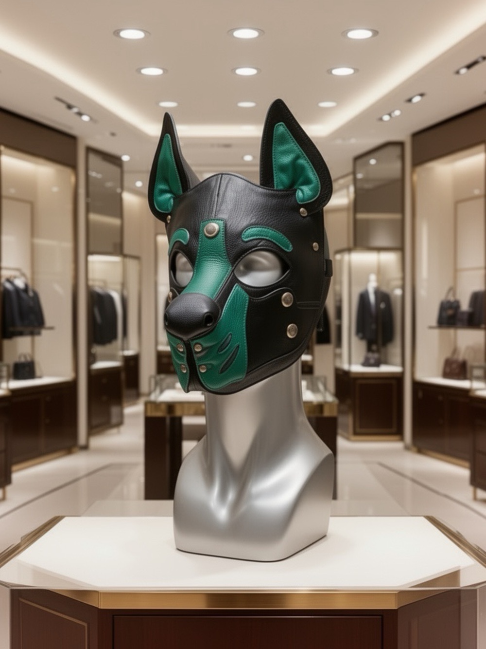 Leather Canine Face Mask in Black & Green